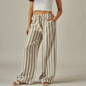 Grey Striped Relaxed Wide Leg Linen Pants